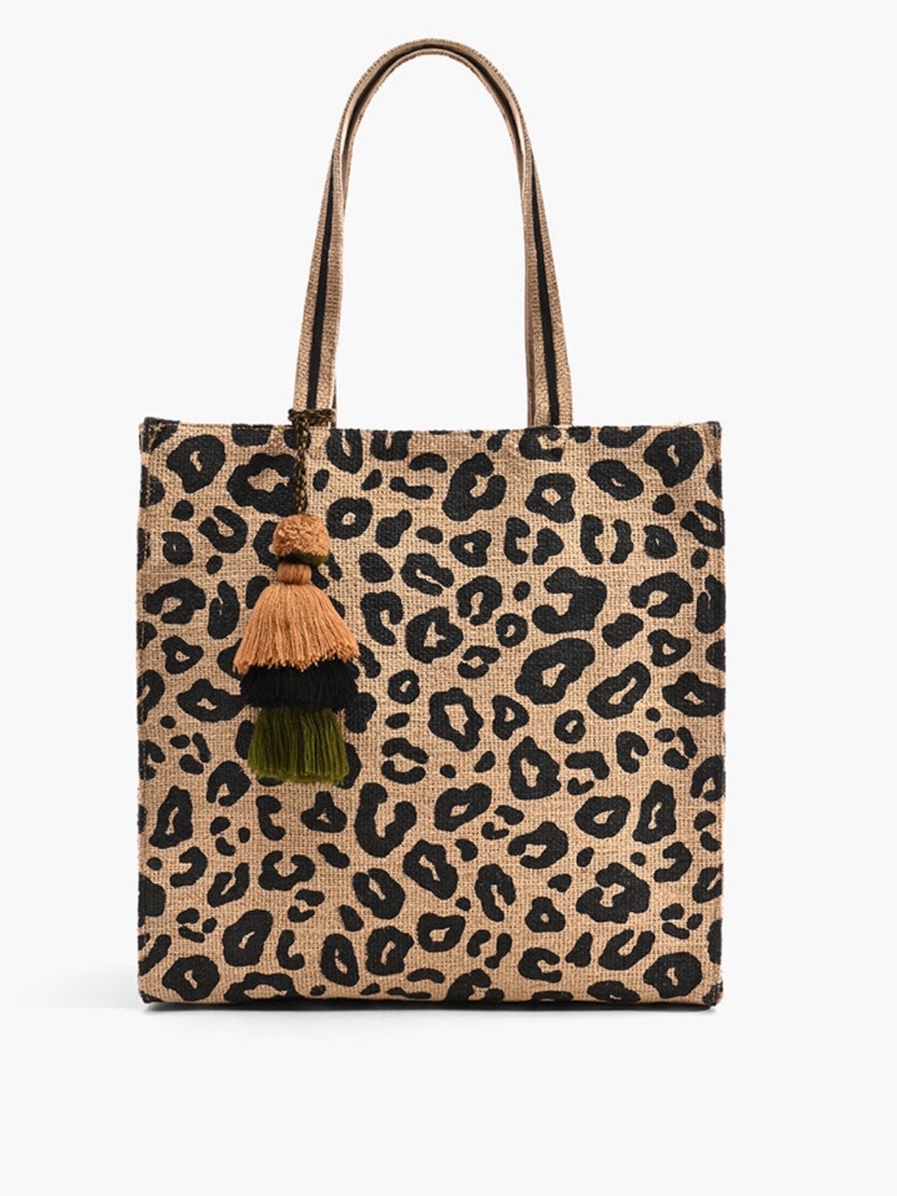 New America & Beyond Leopard Handwoven Jute Tote Tassel Boho Bag $128 Retail
